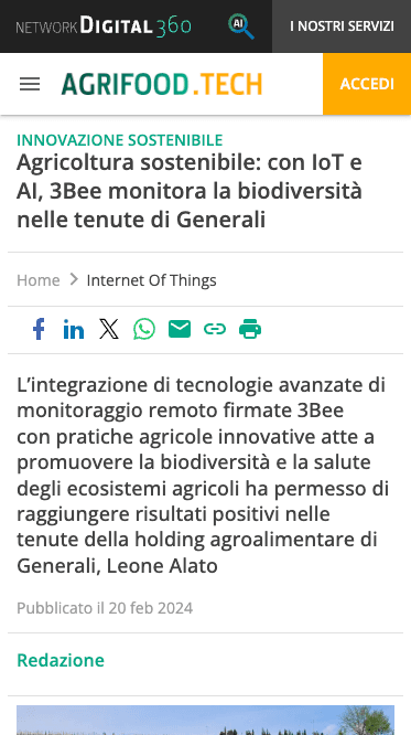 Agricoltura sostenibile: con IoT e AI, 3Bee monitora la biodiversità nelle tenute di Generali