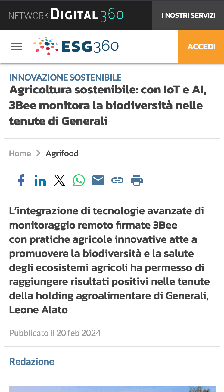 Agricoltura sostenibile: con IoT e AI, 3Bee monitora la biodiversità nelle tenute di Generali