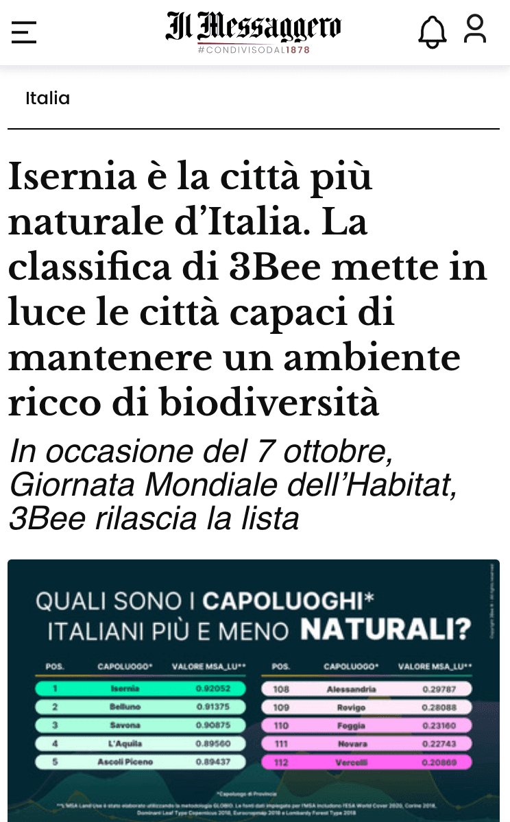 Isernia è la città più naturale d’Italia. La classifica di 3Bee mette in luce le città capaci di mantenere un ambiente ricco di biodiversità