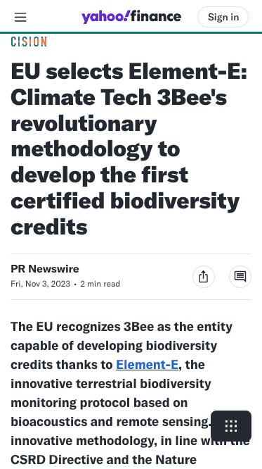 EU selects Element-E: Climate Tech 3Bee's revolutionary methodology to develop the first certified biodiversity credits