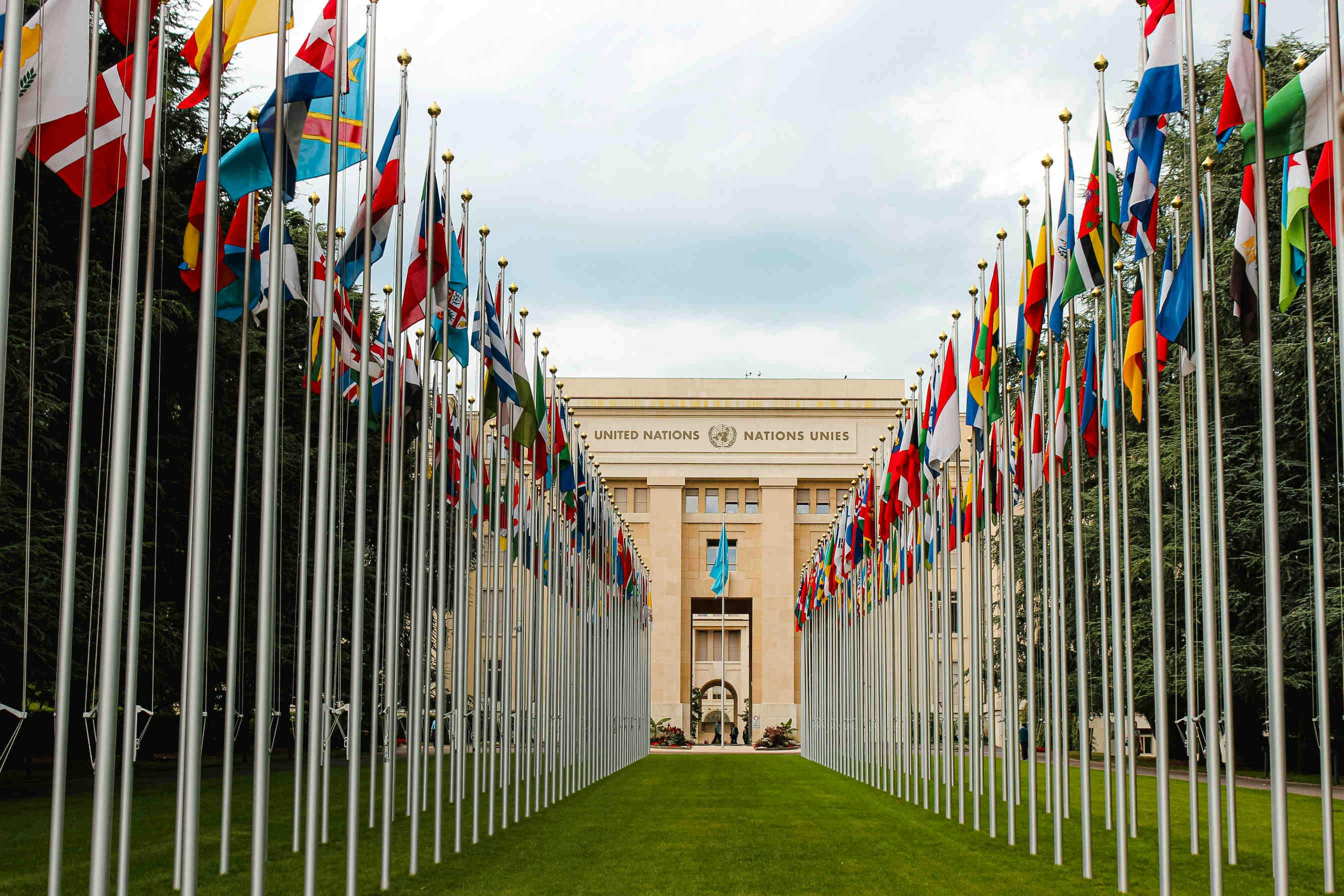 National Flags at the entrance in UN office at Geneva, Switzerland